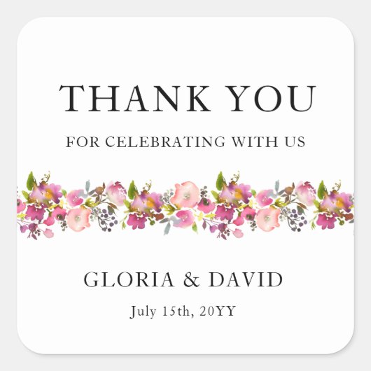 Pink Floral Wedding Vierkante Sticker (Voorkant)