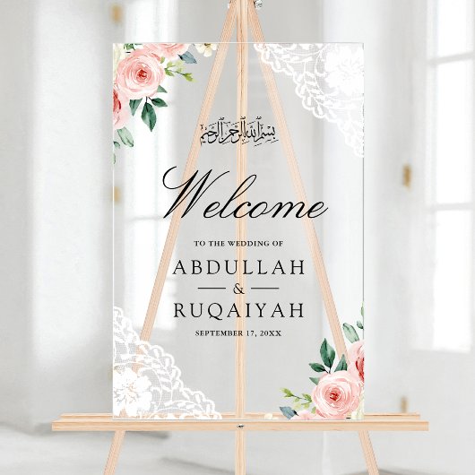 Pink Floral White Lace Muslim Wedding Welcome