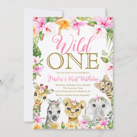 Pink Floral Wild One Oerwoud Safari Birthday Girl Kaart (Voorkant)