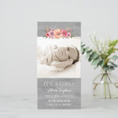 Pink Floral Wood Photo Faire-part de naissance béb (Debout devant)