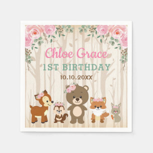 Pink Floral Woodland 1st Birthday Girl Baby shower Servet