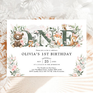 Pink Floral Woodland Animals 1st Birthday Girl Kaart