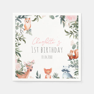 Pink Floral Woodland Animals Birthday Napkins Servet