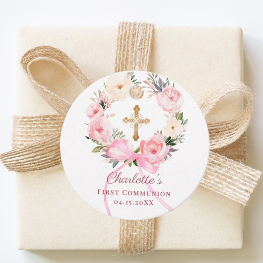 Pink floral wreath bow First Communion DIY Bedankjes Labels