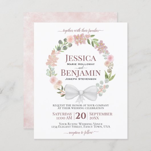 Pink Floral Wreath BUDGET Boho Wedding Invitation (Voorkant / Achterkant)