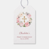Pink floral wreath cross First Communion DIY Cadeaulabel (Voorkant)