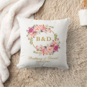 Pink Floral Wreath Gold Monogram Weddenschap Kussen (Deken)