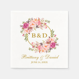 Pink Floral Wreath Gold Monogram Weddenschap Servet