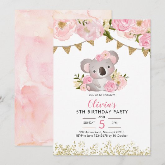 Pink Floral Wreath Koala Birthday Uitnodiging (Voorkant / Achterkant)