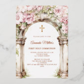 Pink florals arch girl First Communion rose gold Folie Uitnodiging (Voorkant)