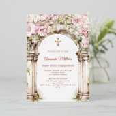 Pink florals arch girl First Communion rose gold Folie Uitnodiging (Staand Voorkant)