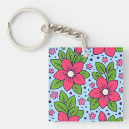 Pink Florals with Bold Petals and Green Leaves Sleutelhanger