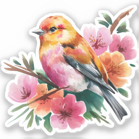 Pink Flower Bird Sticker (Voorkant)