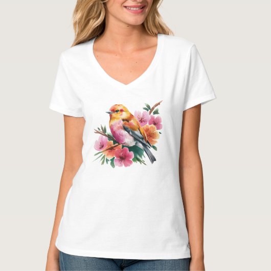 Pink Flower Bird T-shirt (Voorkant)