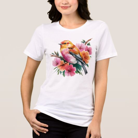 Pink Flower Bird Tri-Blend Shirt (Voorkant)