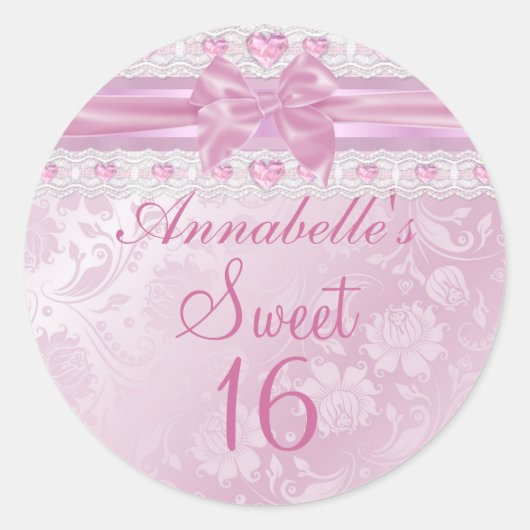 Pink Flower & Bow Sweet 16 Sticker (Voorkant)