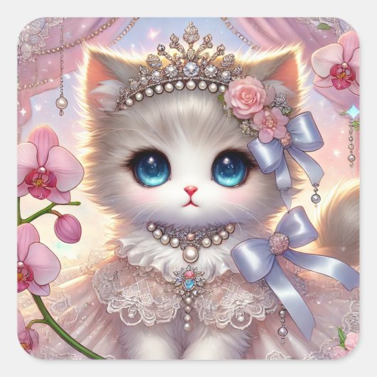 Pink Flower Princess Cat Vierkante Sticker (Voorkant)