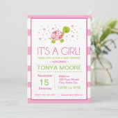 Pink Flower Stripes Turtle Baby shower Invitation Kaart (Staand voorkant)