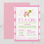 Pink Flower Stripes Turtle Baby shower Invitation Kaart (Voorkant / Achterkant)