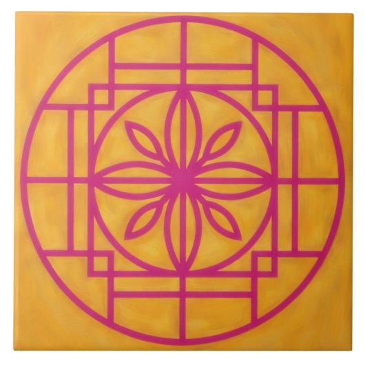 Pink Flower Symbol Decorative Tile on Gold Tegeltje (Voorkant)