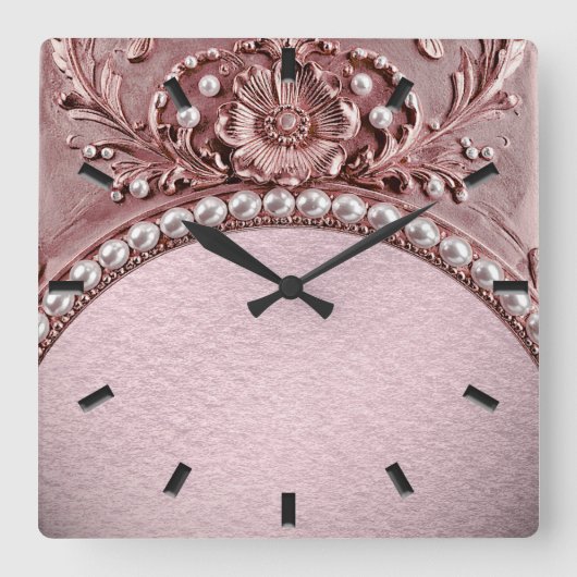 Pink Flower Wall Clock Vierkante Klok (Voorkant)