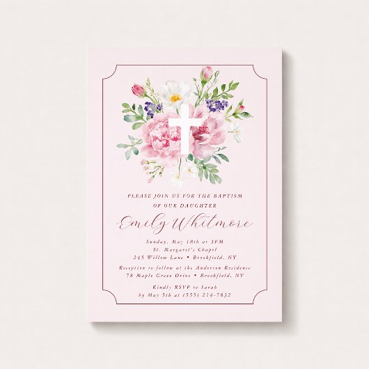 Pink FLOWERS Baptism Invitation for Girl