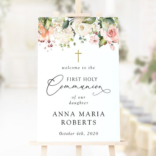 Pink Flowers, Boho, First Holy Communion Welcome Poster