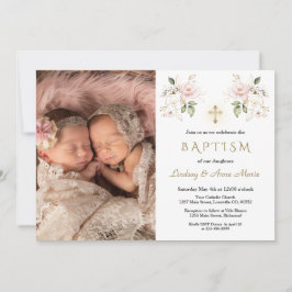 Pink Flowers Cross Girls Twins Photo Baptisme Kaart