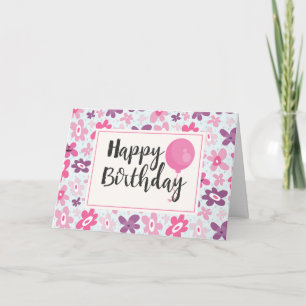 Pink Flowers Cute Whimsical Pattern Birthday Kaart