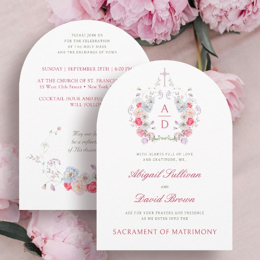 Pink Flowers Frame Catholic Wedding Invitation