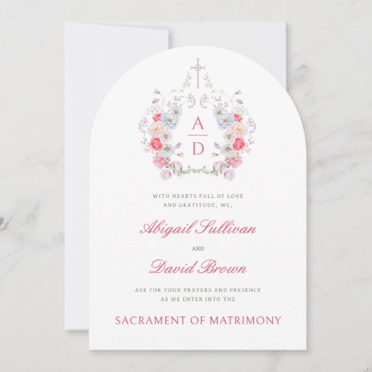 Pink Flowers Frame Catholic Wedding Invitation (Devant)