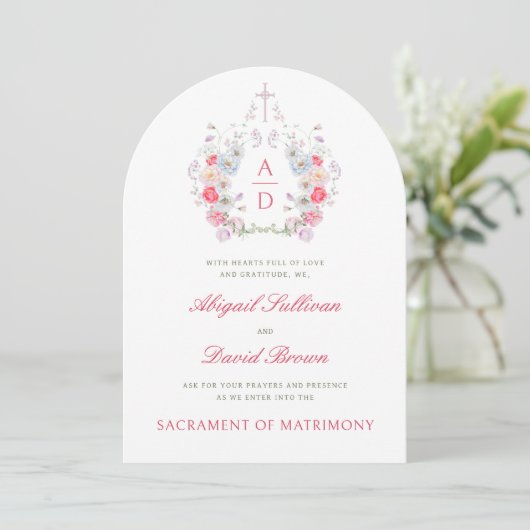 Pink Flowers Frame Catholic Wedding Invitation (Debout devant)