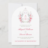 Pink Flowers Frame Catholic Wedding Invitation Kaart (Voorkant)