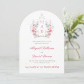 Pink Flowers Frame Catholic Wedding Invitation Kaart (Staand voorkant)