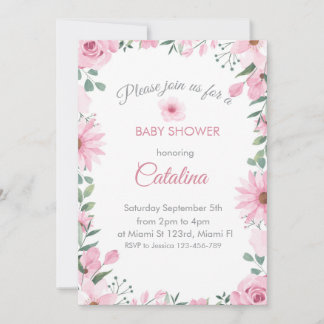 Pink flowers Girl Baby Shower Invitation Kaart