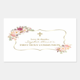 Pink Flowers Gold Girl Foto Heilige Communie Rechthoekige Sticker