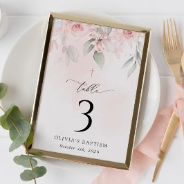 Pink Flowers, Greenery, Baptism Table Numbers Kaart