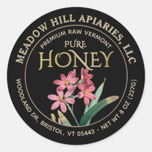 PINK FLOWERS HONEY LABEL GOLD ON BLACK