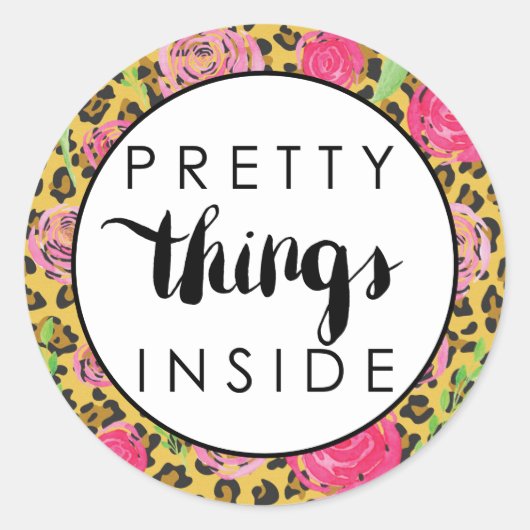 Pink Flowers Leopard  dingen Inside Ronde Sticker (Voorkant)