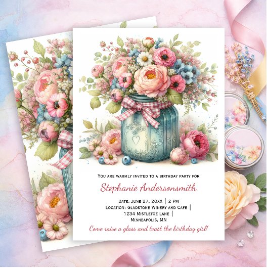 Pink Flowers Mason Jar Birthday Party | Invitation