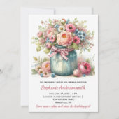 Pink Flowers Mason Jar Birthday Party | Invitation (Devant)