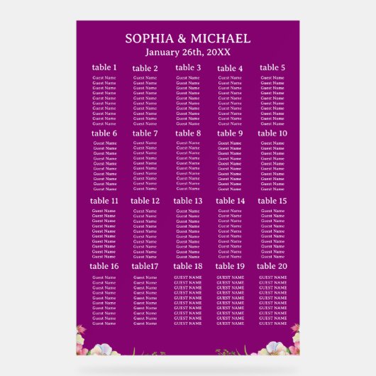 Pink Flowers Simple Wedding Seating Charts Acryl Bord (Voorkant)