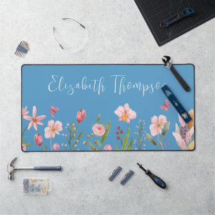 Pink Flowers Waterverf Stijlvolle Script Naam Blau Bureaumat