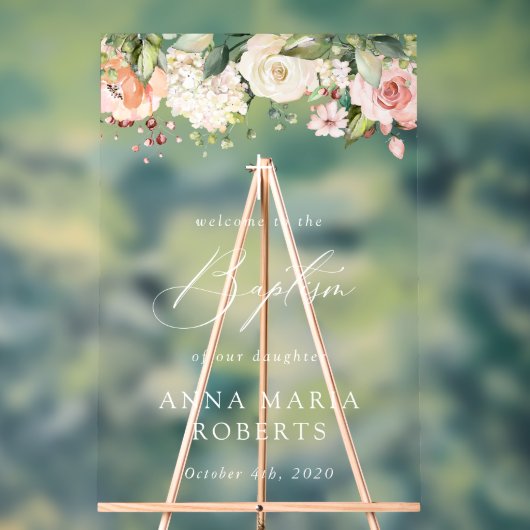 Pink Flowers, White Flowers, Boho, Baptism Welcome Acryl Bord (Neutraal)
