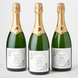 Pink Flowers, White Flowers, Greenery, Baby Shower Sparkling Wijnetiket