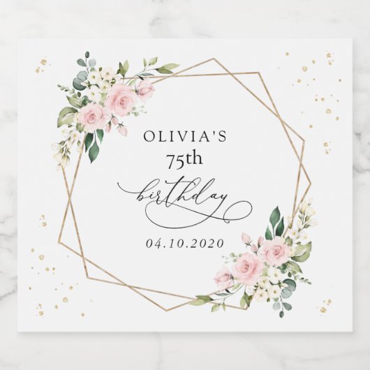 Pink Flowers, White Flowers, Greenery, Birthday Sparkling Wijnetiket (Enkel label)