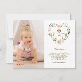 Pink Flowers WreatPhoto Girl Heilige Communie Bedankkaart