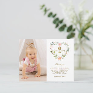 Pink Flowers WreatPhoto Girl Heilige Communie Bedankkaart