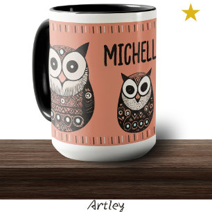 Pink Folk Art Owl Aangepaste naam Mok