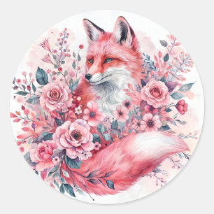 Pink Fox Floral Waterverf Art Ronde Sticker